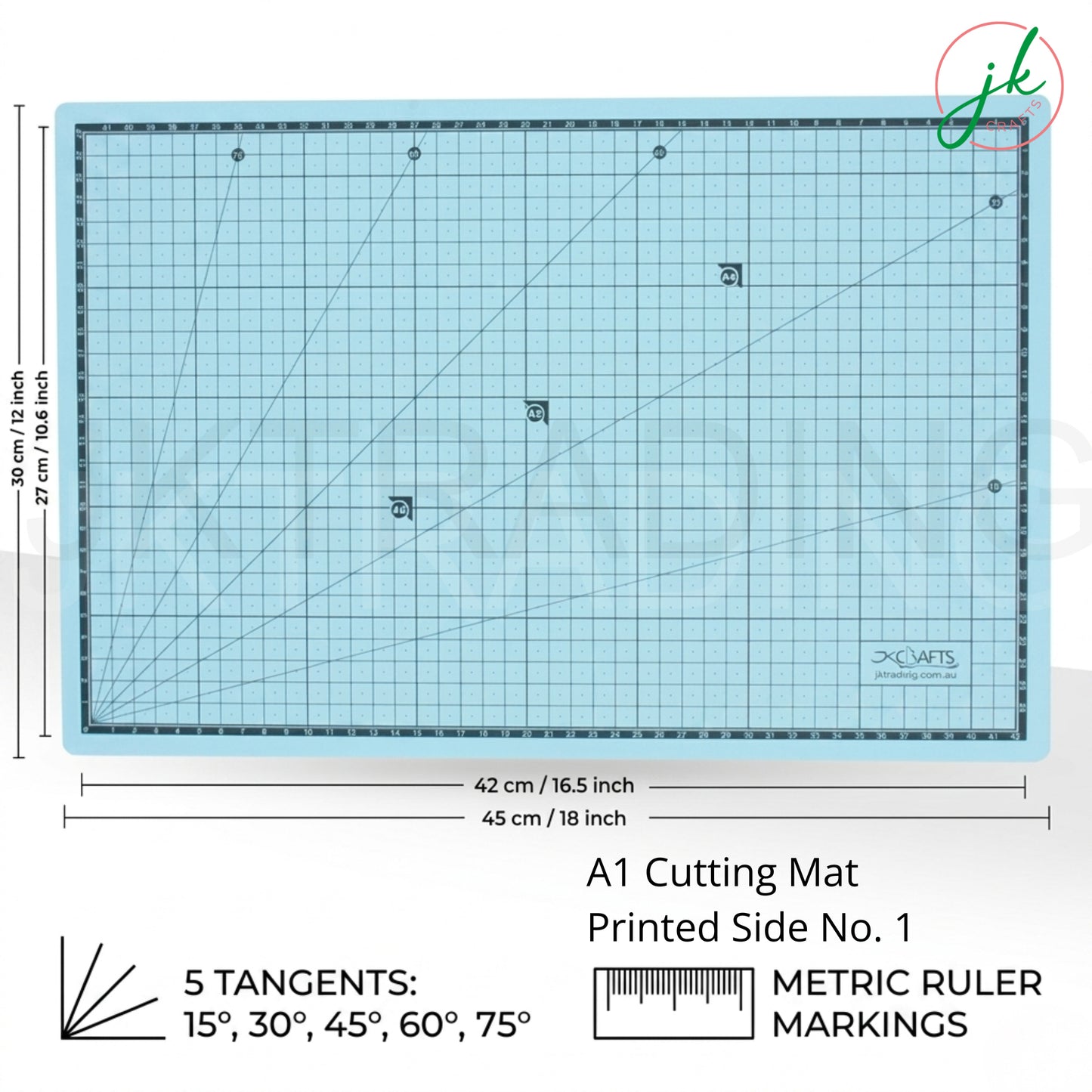 Compact A3 size sky blue desktop rotary cutting pad measuring 45cm by 30cm for smaller craft and sewing workstations.