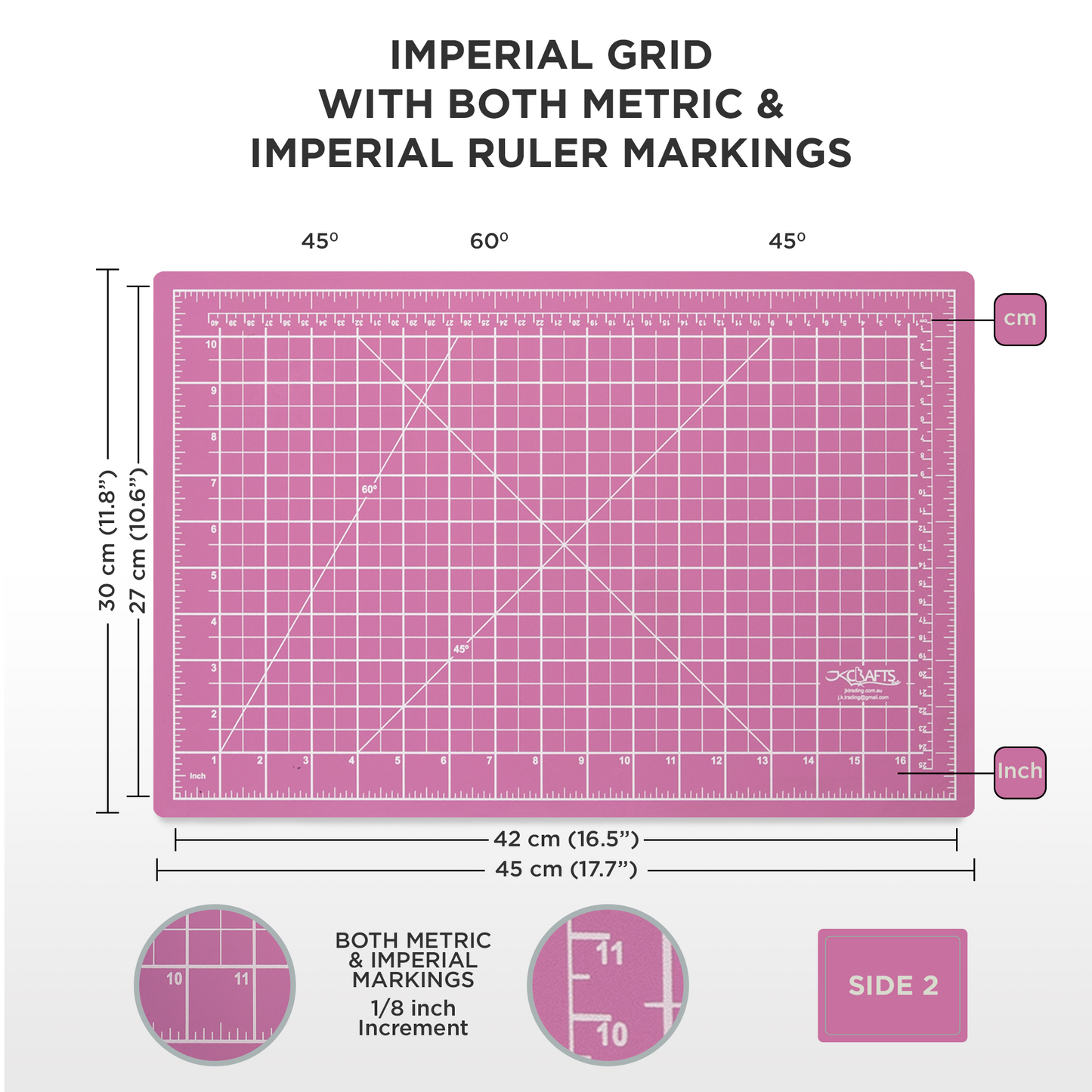 Pink cutting mat with grid and ruler markings for imperial and metric measurements