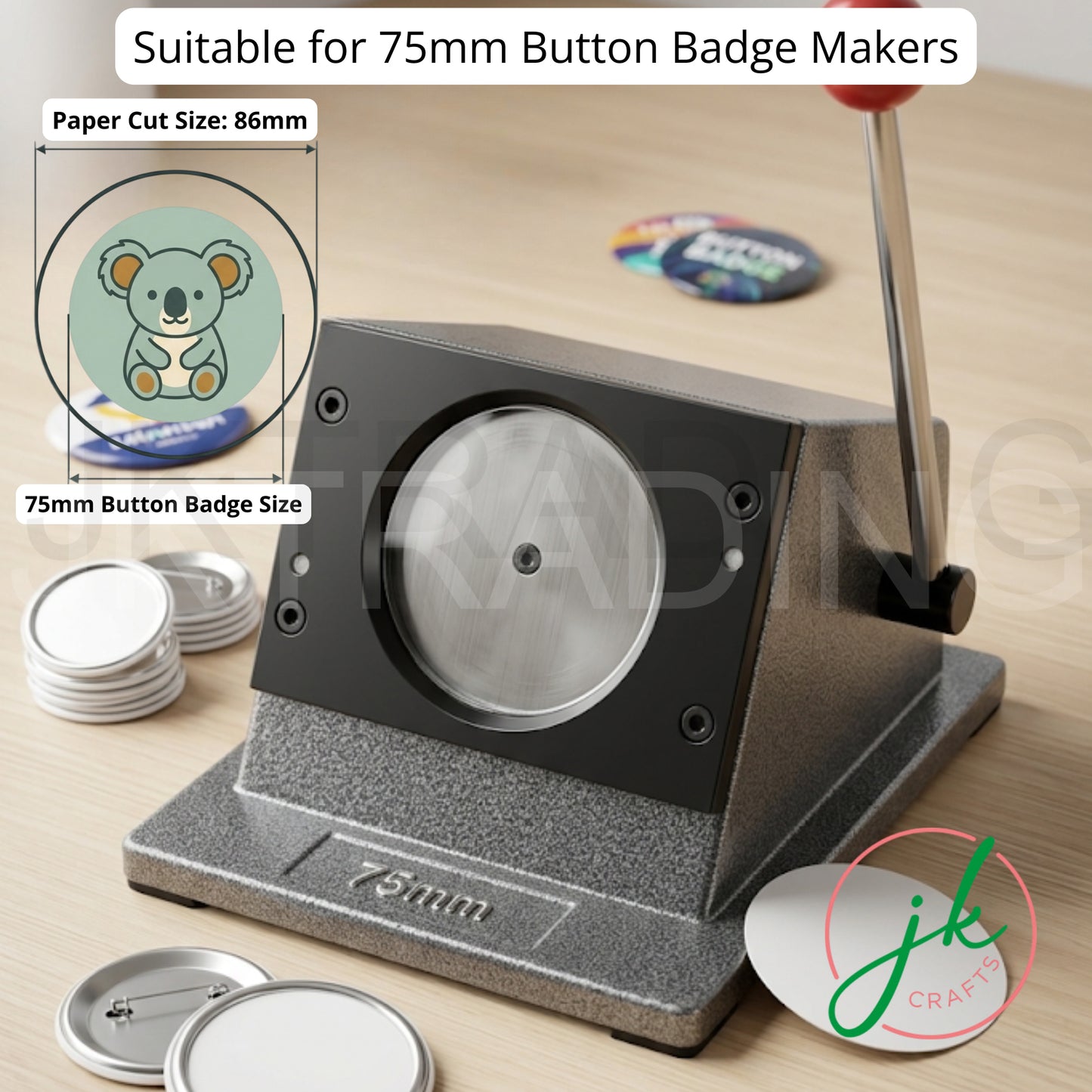 Button badge maker with 75mm button badge size on a wooden surface, featuring JK Craft logo.