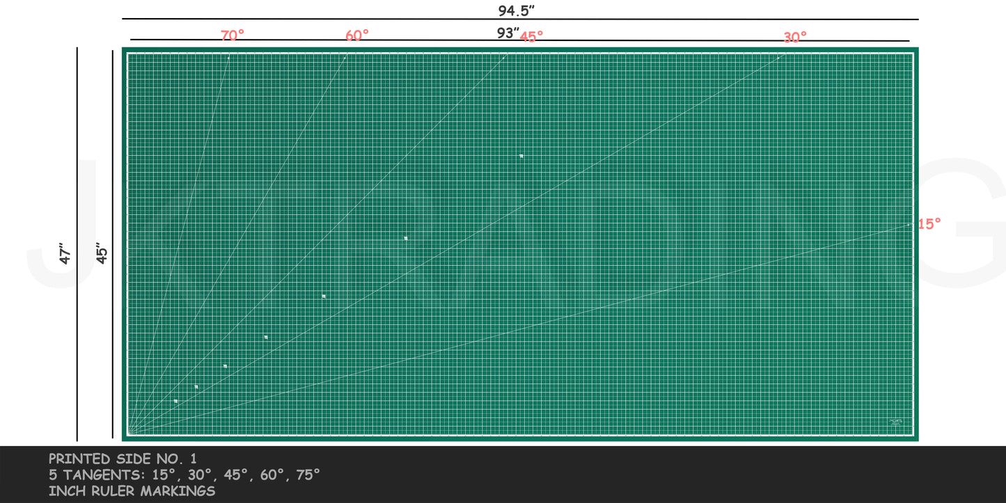 Side view of a green heavy-duty 240x120cm sewing grid mat displaying its crisp white imperial inch measuring grid system.
