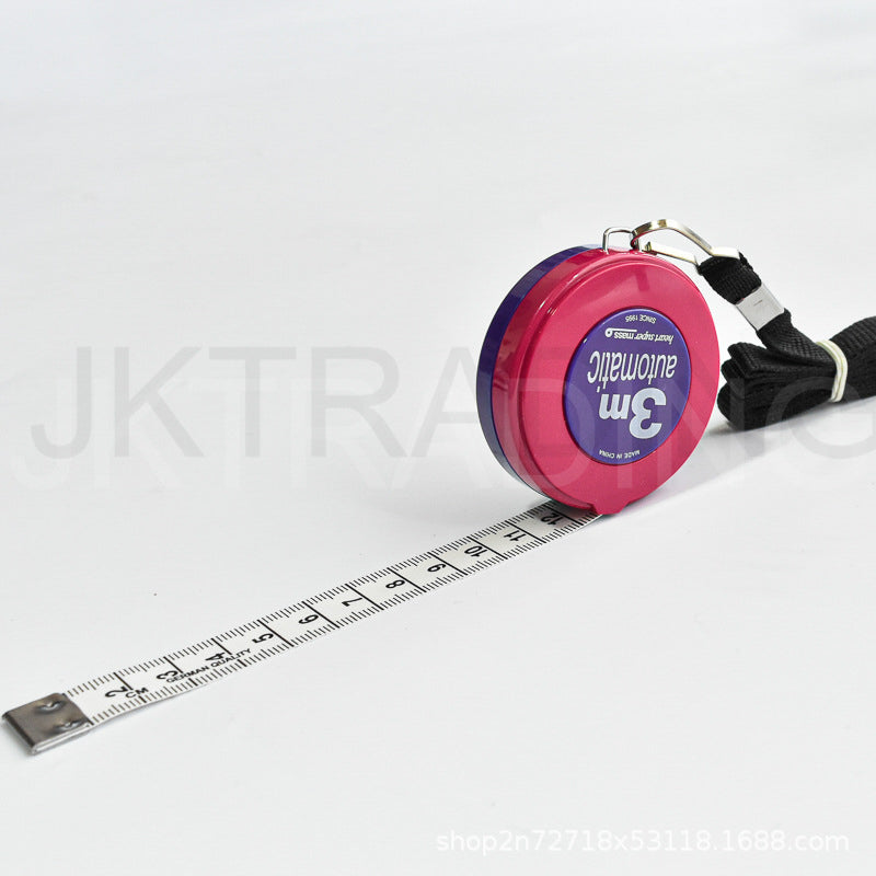 Pink tape measure with a white background