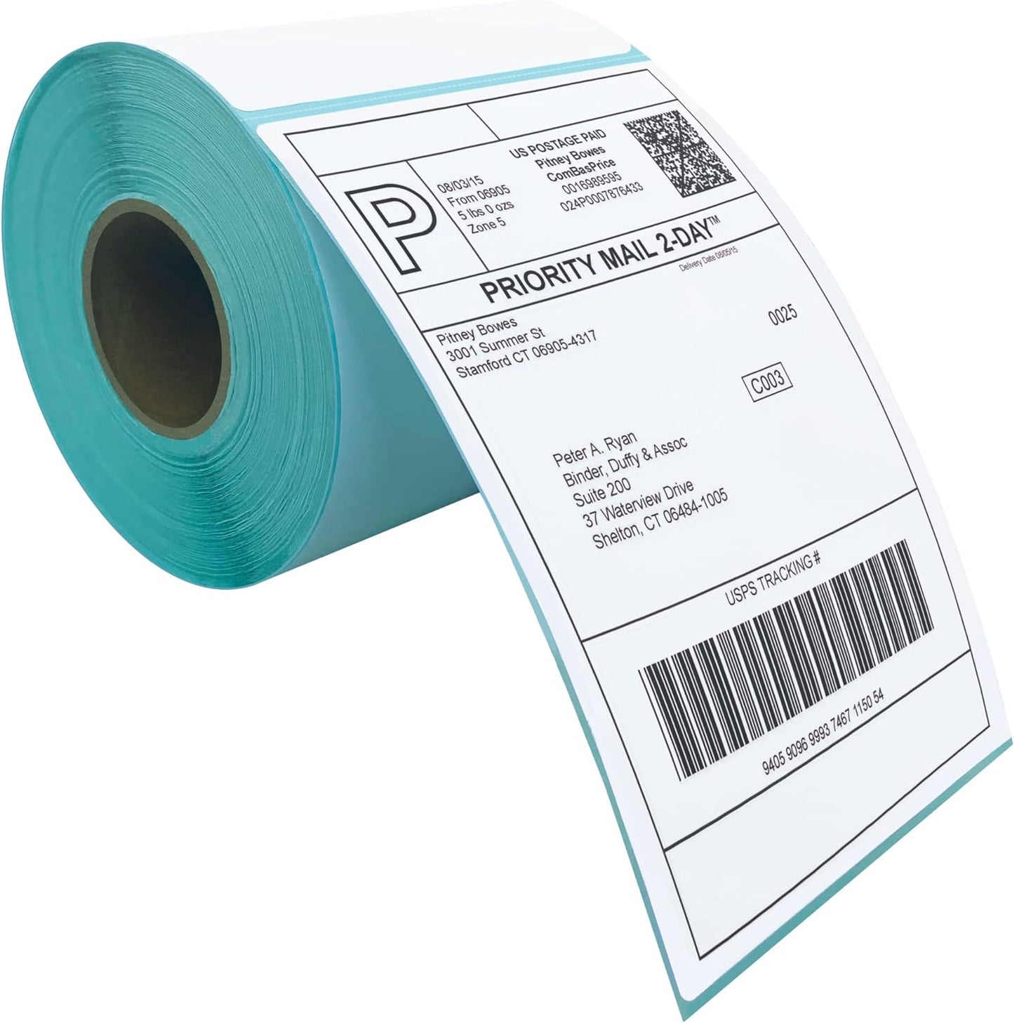 Roll of blank white self-adhesive direct thermal labels displaying a printed barcode sample text format.
