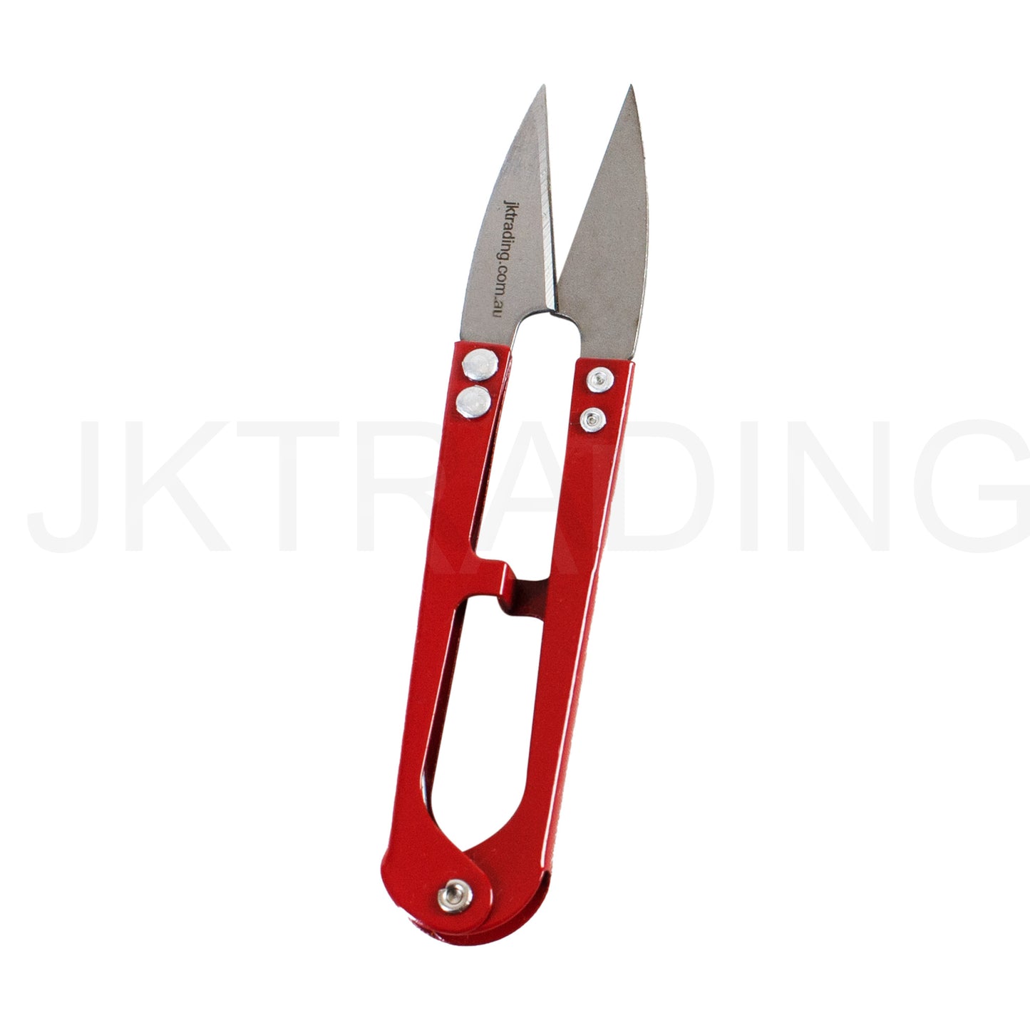Vertical profile view of a red high-carbon steel sewing thread clipper tool isolated on a white backdrop.