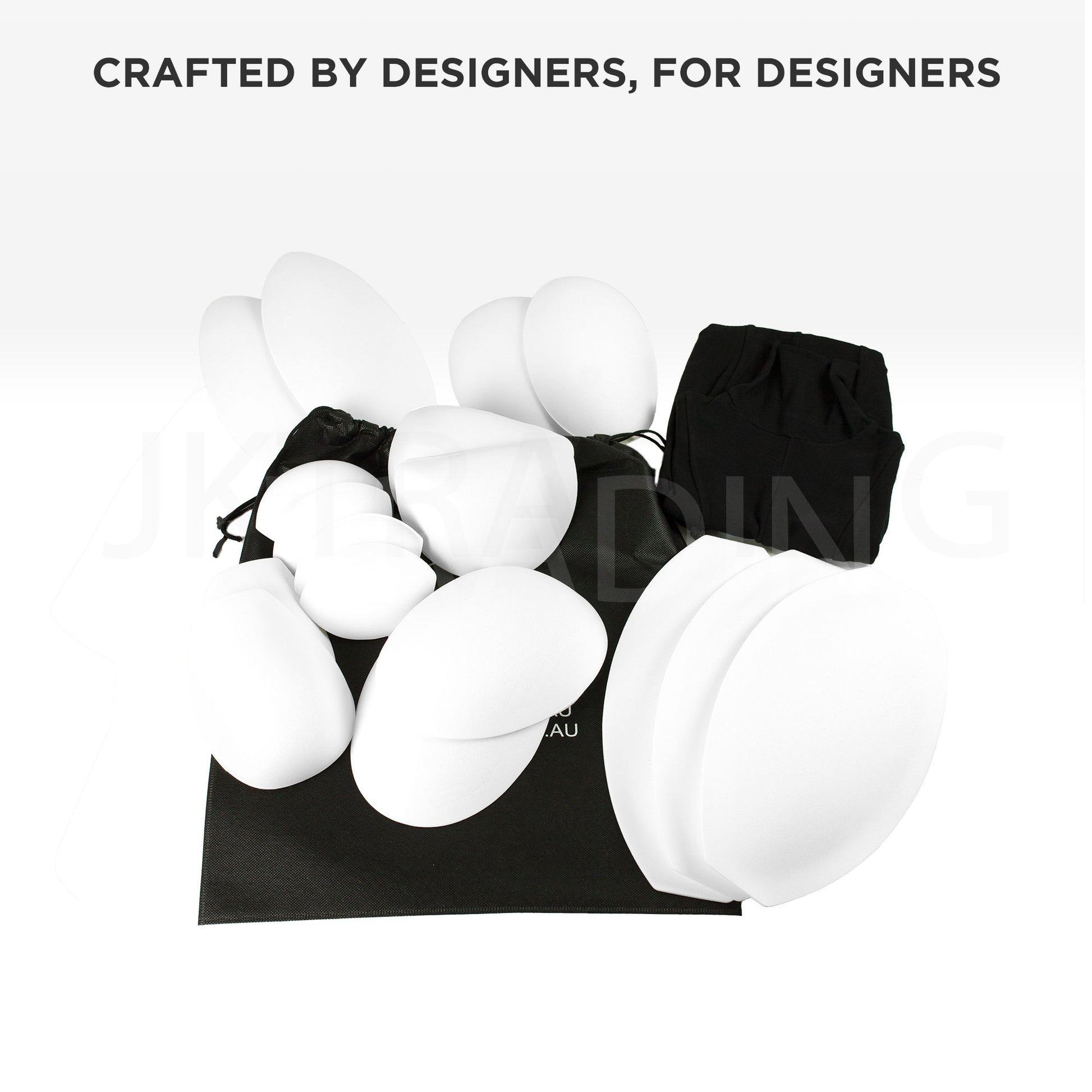 White makeup sponges on a black pouch with 'KCrafts branding, against a white background.
