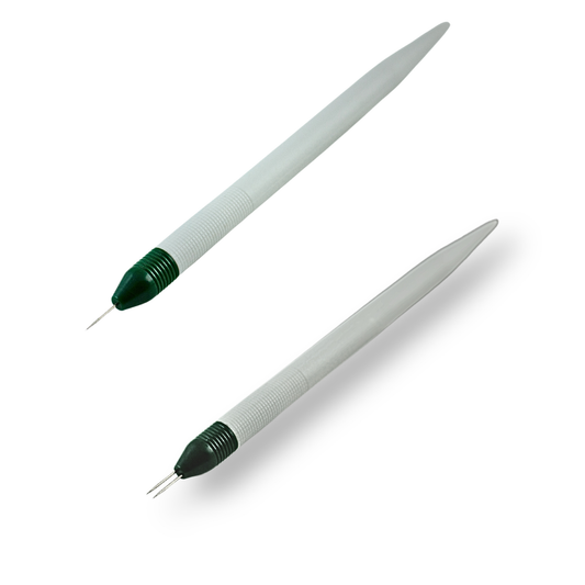Sleek white and dark green 1pin and 2-pin parchment craft perforating tool isolated on a clean white background.