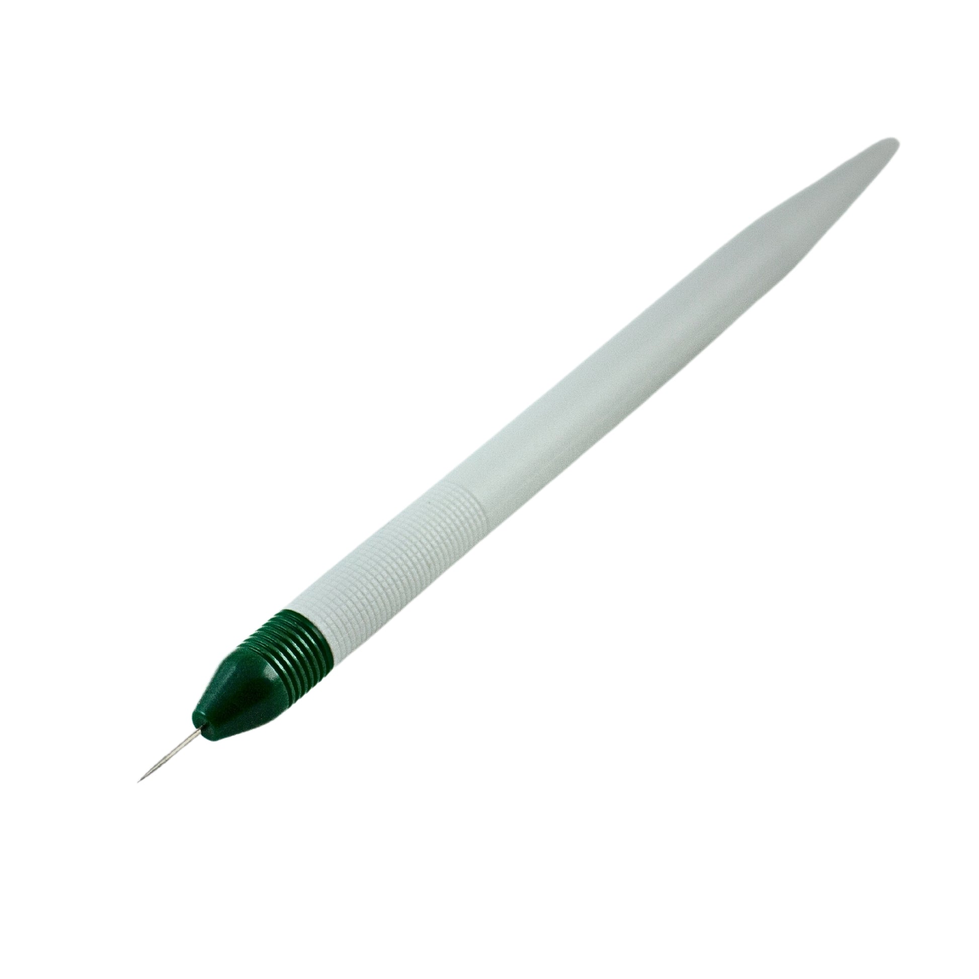 Sleek white and dark green 1-pin parchment craft perforating tool isolated on a clean white background.
