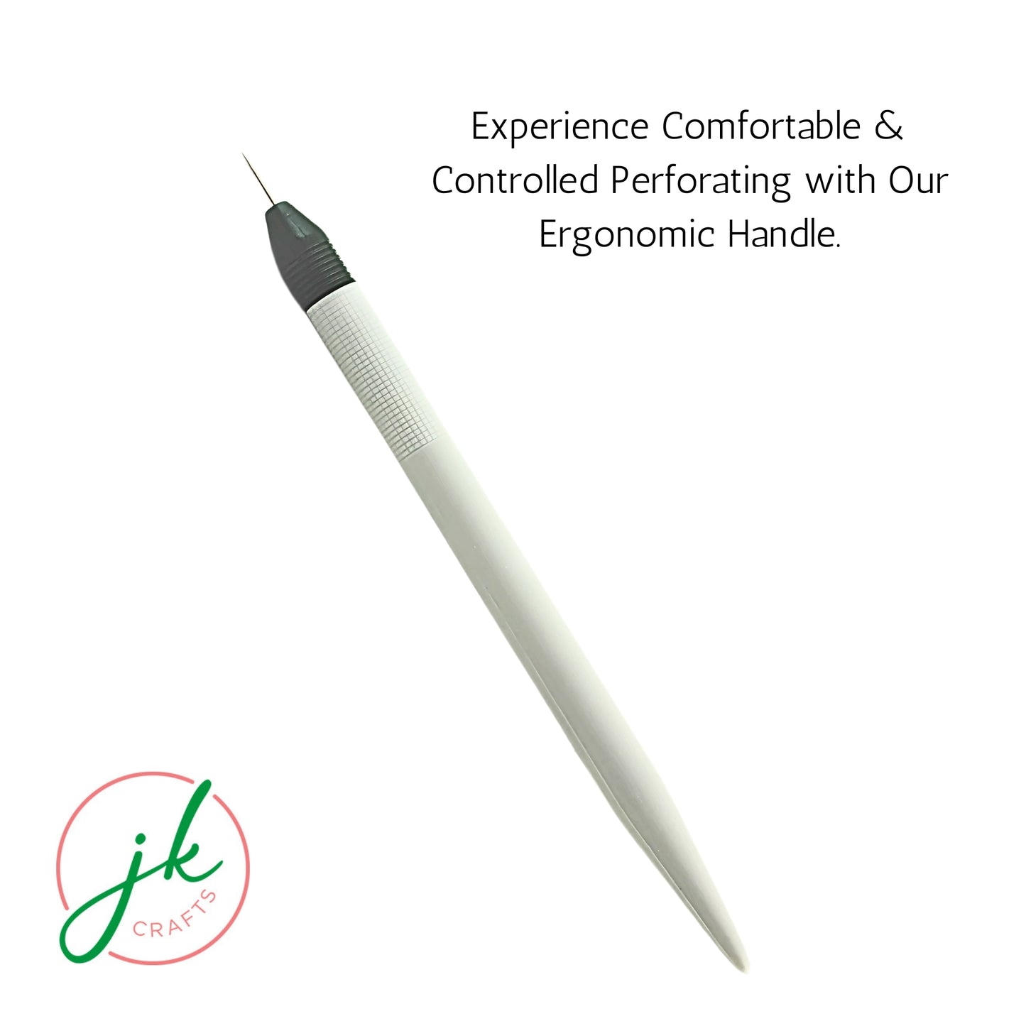 White perforating tool with ergonomic handle on a white background, featuring text about comfort and control.