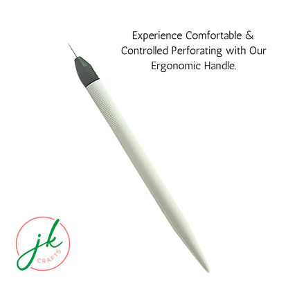 White perforating tool with ergonomic handle on a white background, featuring text about comfort and control.