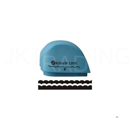 Blue jigsaw-edge decorative paper trimmer blade refill capsule isolated on a white background.