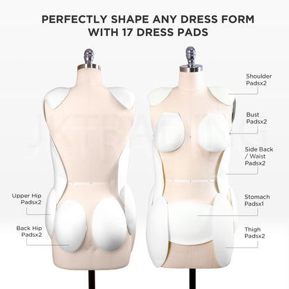 Two dress forms with dress pads labeled for different body parts on a white background.