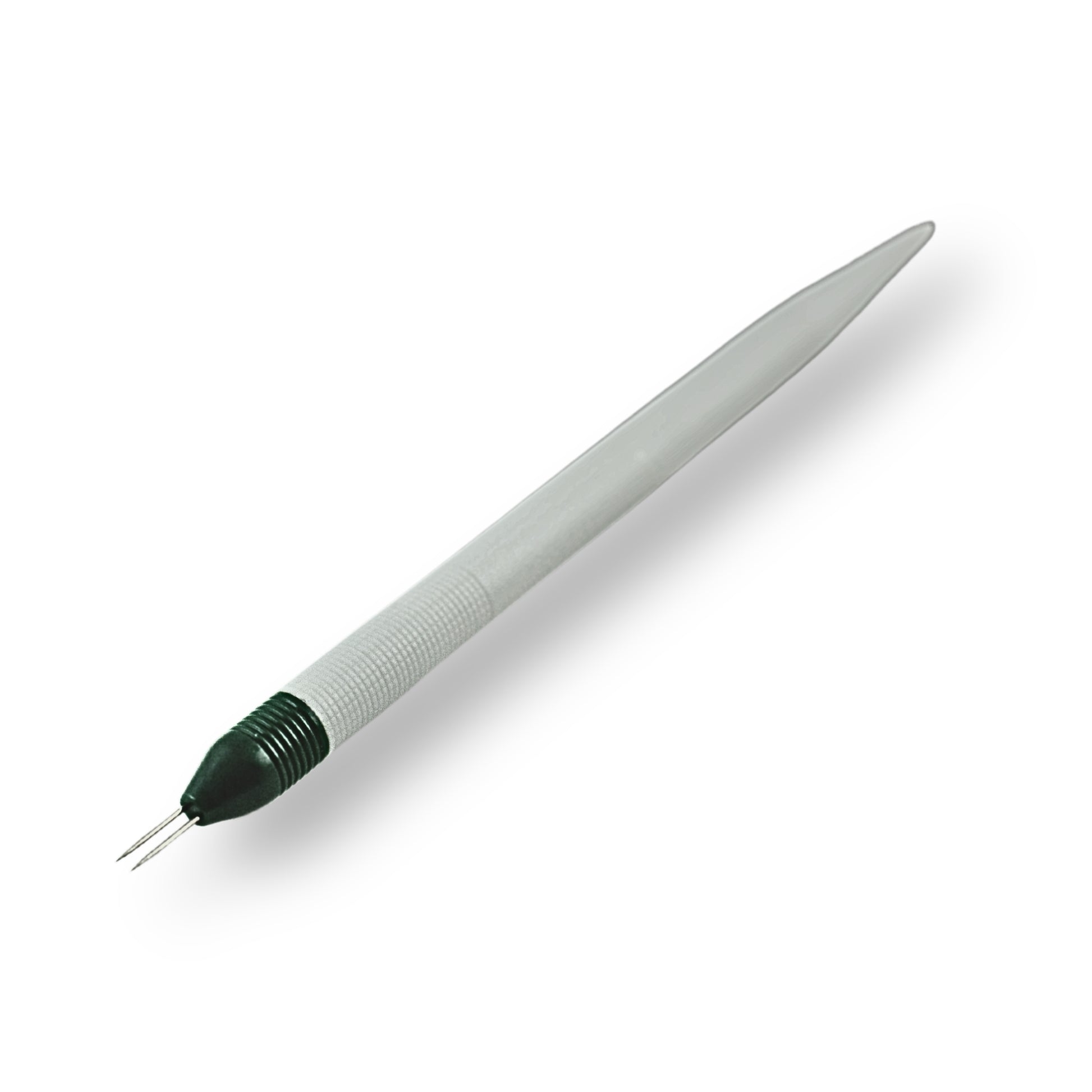 Sleek white and dark green 2-pin parchment craft perforating tool isolated on a clean white background.