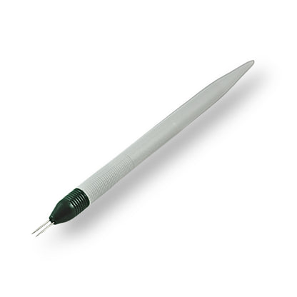 Sleek white and dark green 2-pin parchment craft perforating tool isolated on a clean white background.