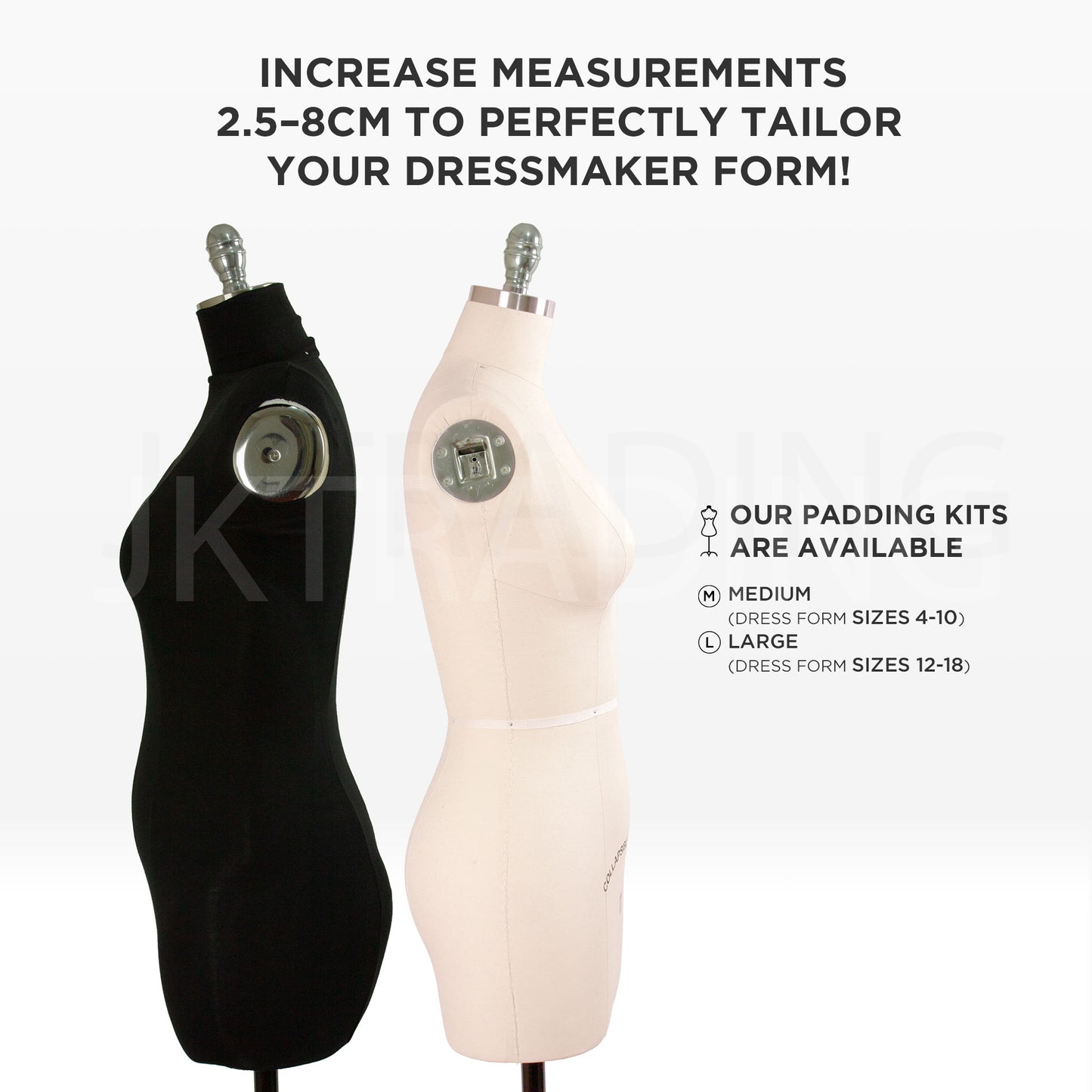 Side profile highlighting how adding mannequin padding can increase measurements from 2.5cm to 5cm.