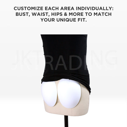 Black stretch fabric body sleeve smoothing out hip and buttock padding pieces on a dress form.