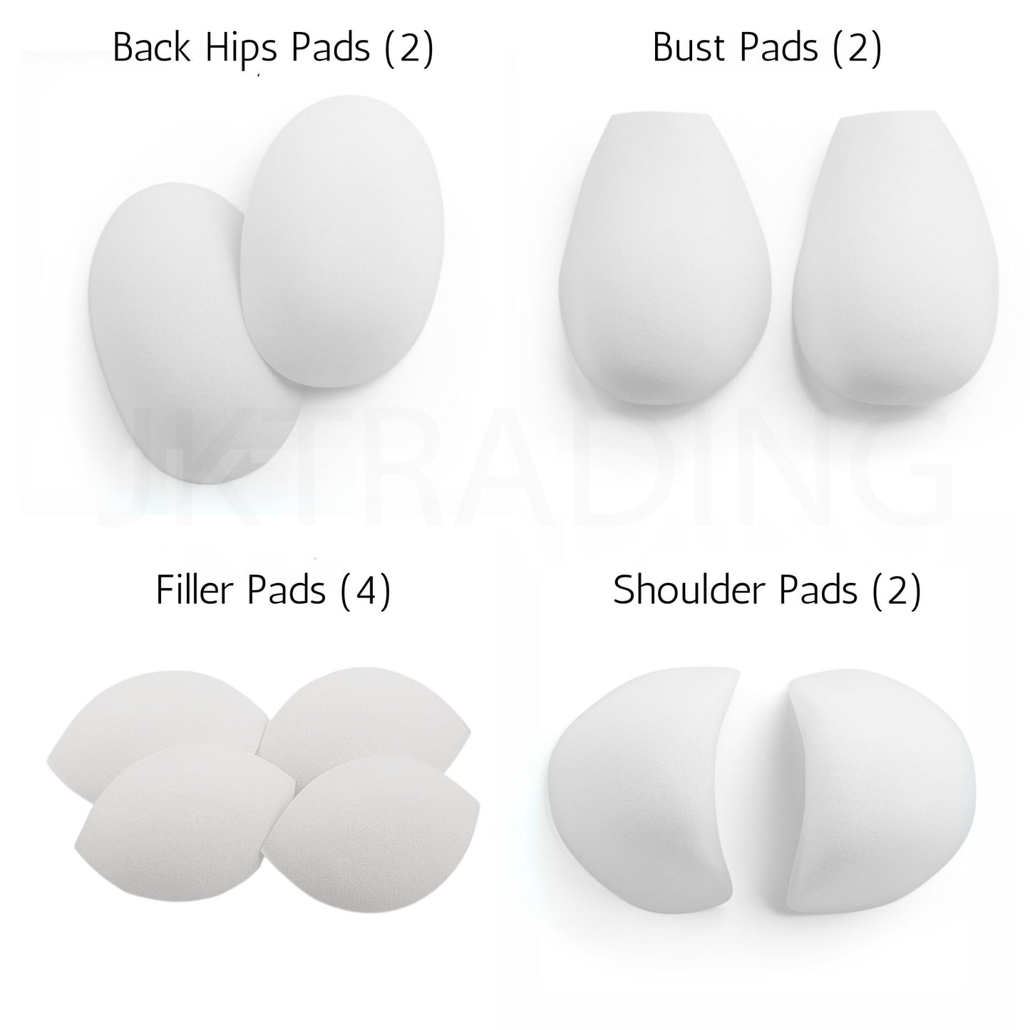 Set of white padding components labeled 'Back Hips Pads', 'Bust Pads', 'Filler Pads', and 'Shoulder Pads' on a white background.