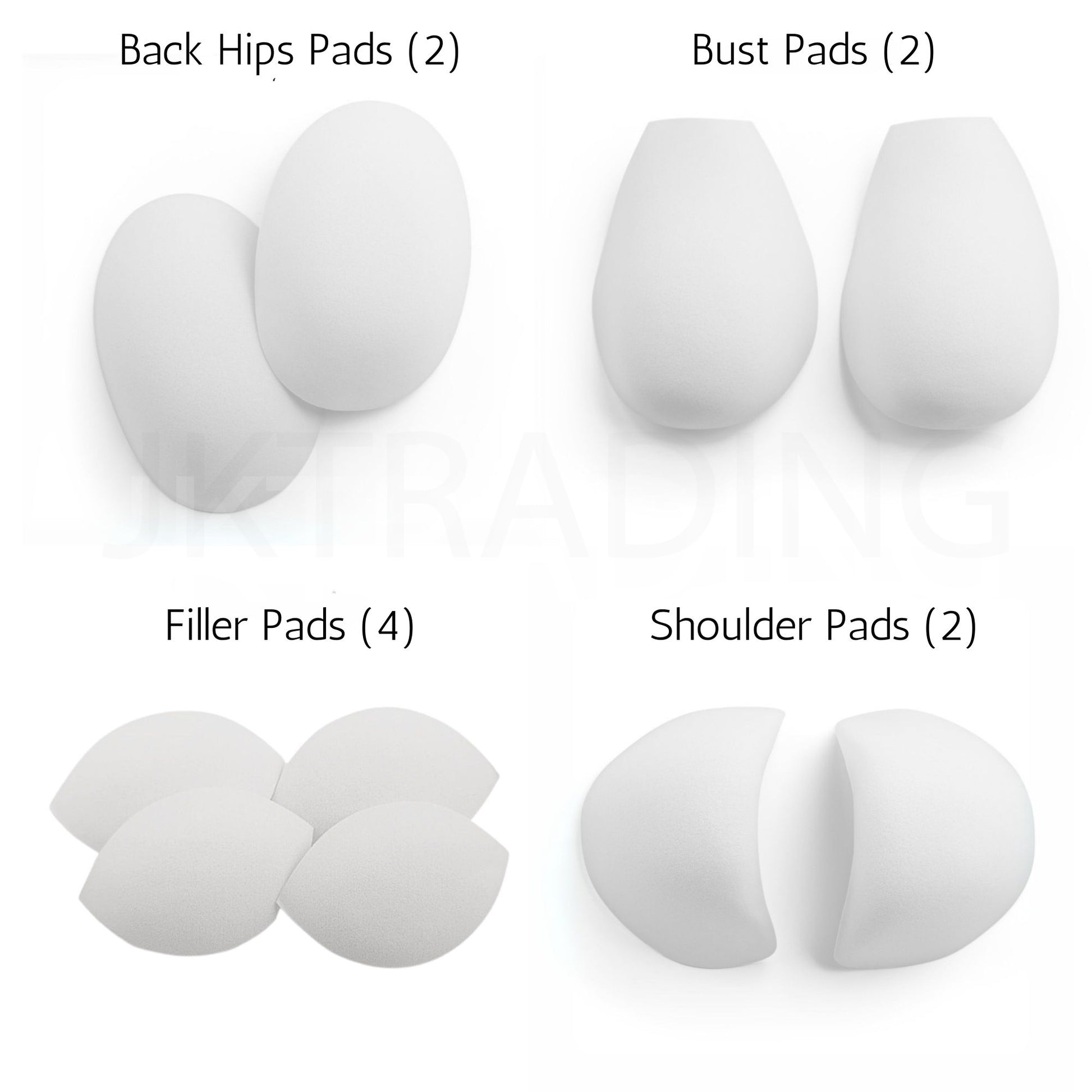 Set of white padding components labeled 'Back Hips Pads', 'Bust Pads', 'Filler Pads', and 'Shoulder Pads' on a white background.