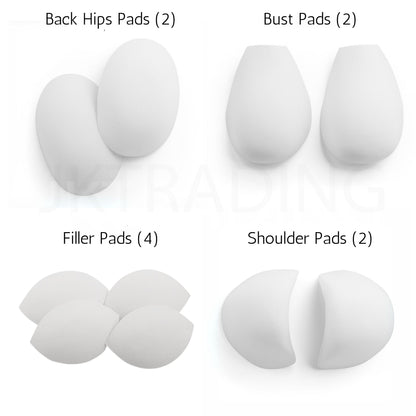 Set of white padding components labeled 'Back Hips Pads', 'Bust Pads', 'Filler Pads', and 'Shoulder Pads' on a white background.