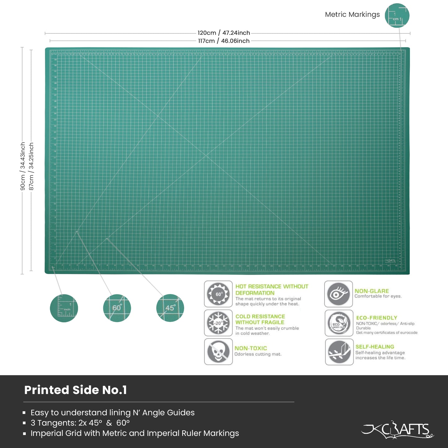 A0 printed side no 1 Green cutting mat with grid lines and measurements on a white background