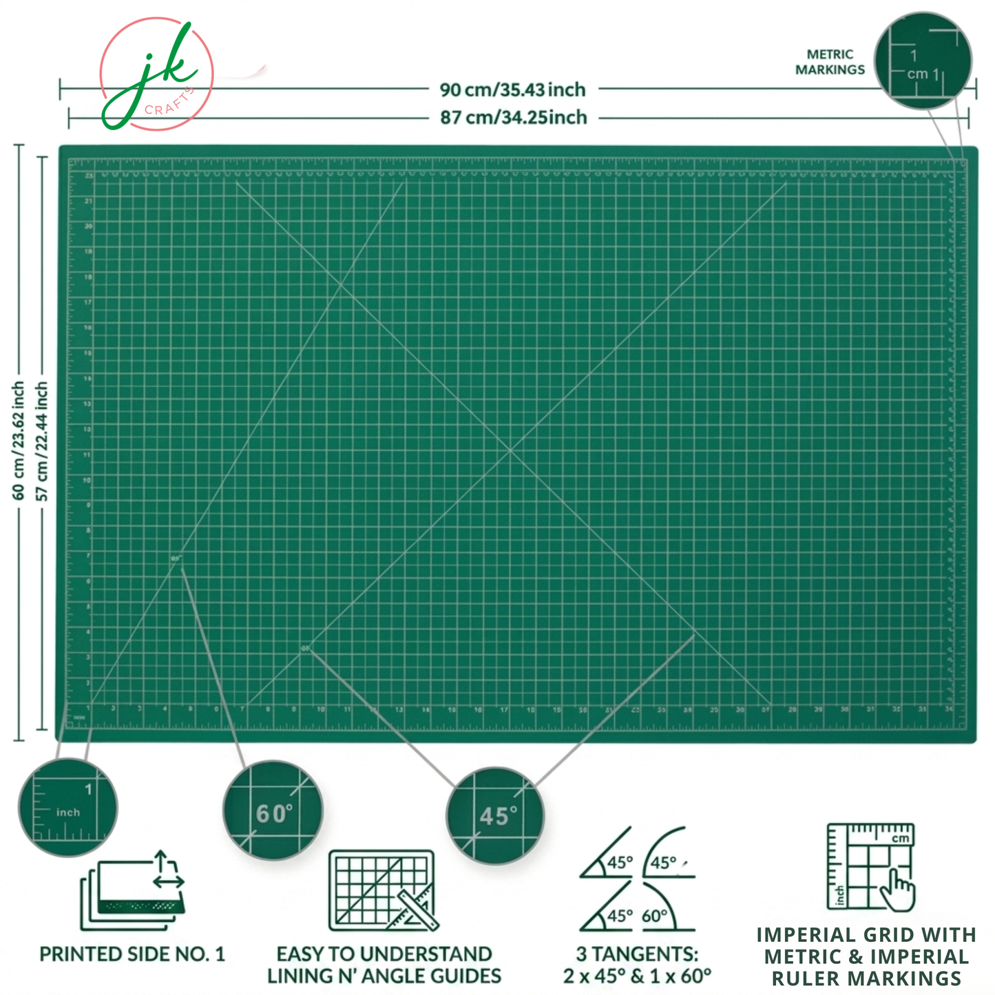 A1 Green cutting mat with grid lines and measurements, featuring JKCrafts logo.