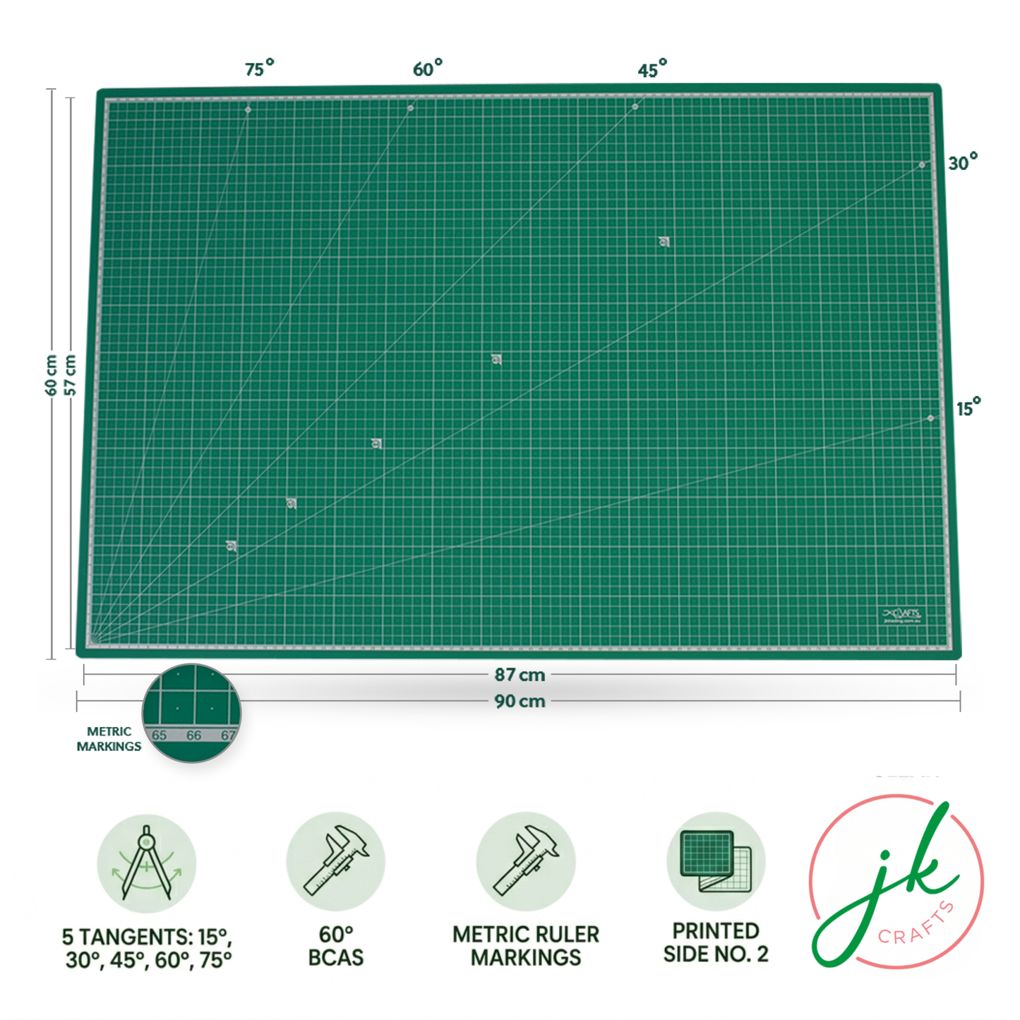 A1 Green cutting mat with grid lines and measurements, featuring the brand 'jk crafts'.
