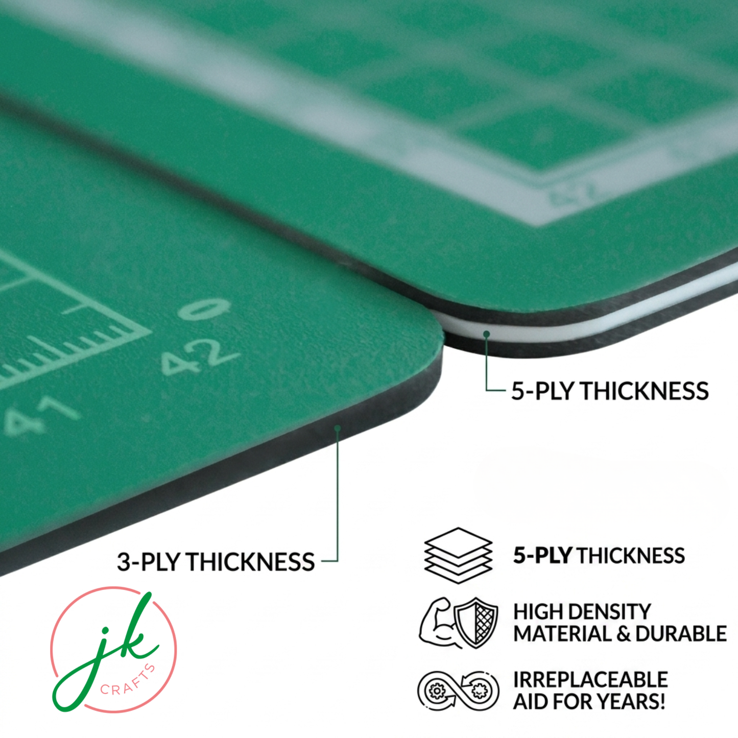 Close-up of a green cutting mat with thickness or number of layers labels and JKCrafts logo.