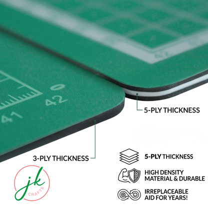 Close-up of a green cutting mat with thickness or number of layers labels and JKCrafts logo.