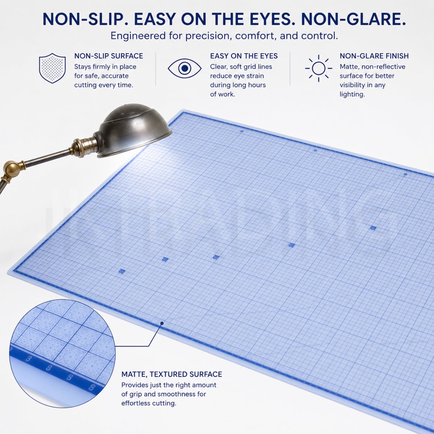 Close-up of durable translucent cutting mat corner and markings