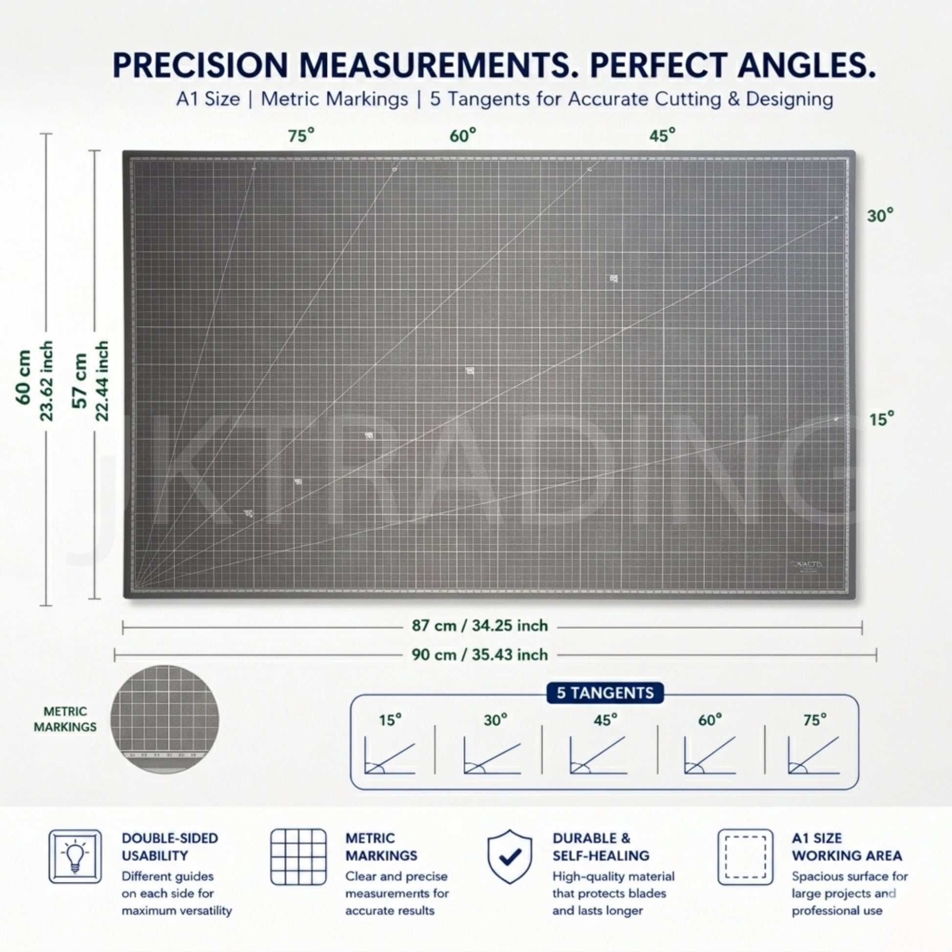 Technical spec sheet highlighting the large A1 dimensions, measuring 90cm by 60cm, with clear angle lines and grid coordinates.