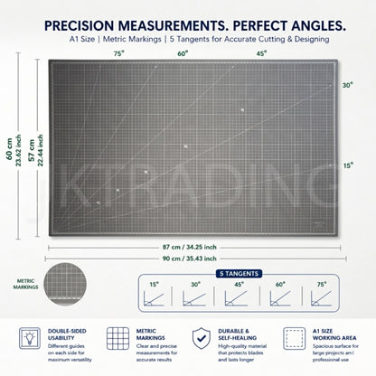 Technical spec sheet highlighting the large A1 dimensions, measuring 90cm by 60cm, with clear angle lines and grid coordinates.