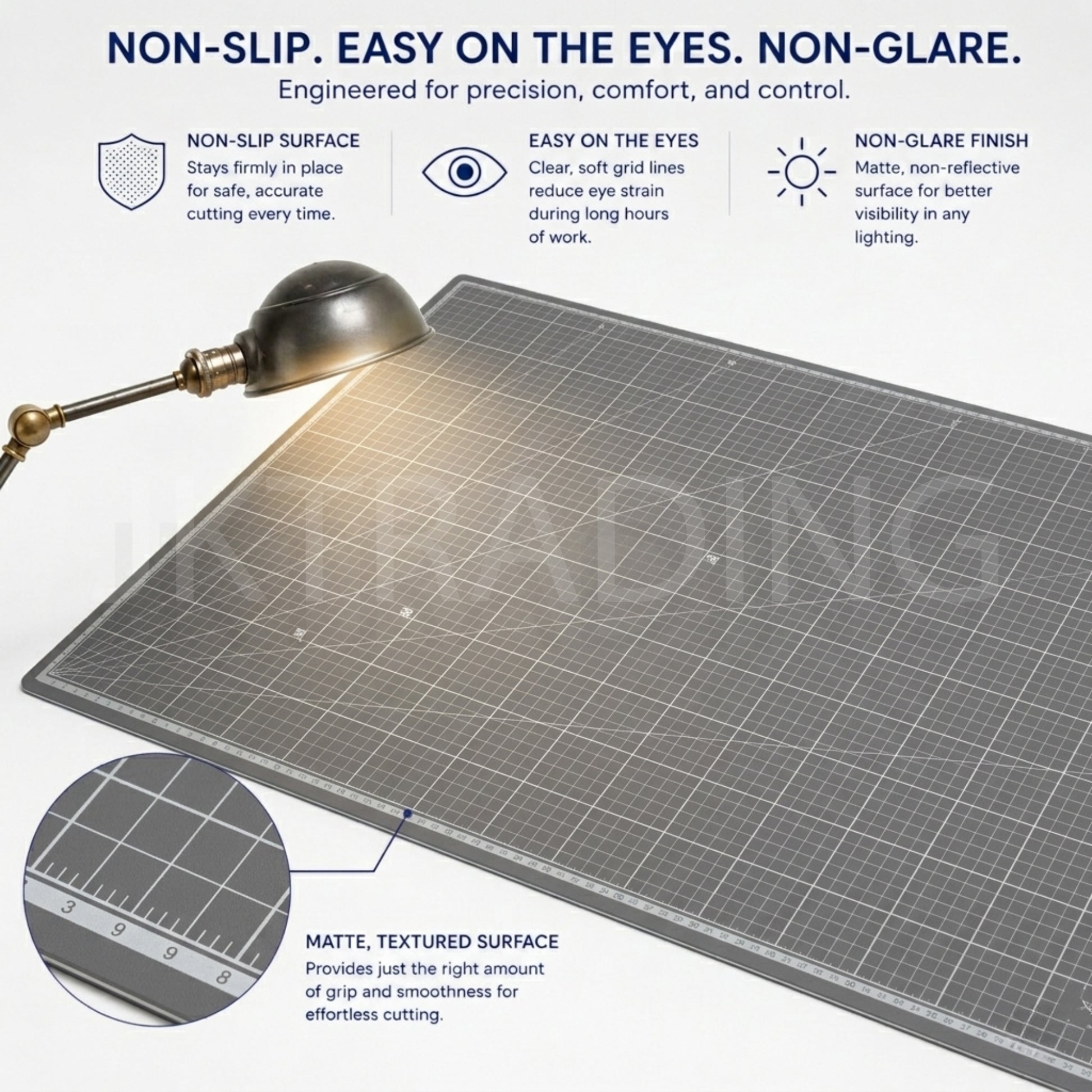 Matte frosted surface cutting mat illuminated by a desk lamp to demonstrate its low-reflection, non-glare, non-slip textured finish.
