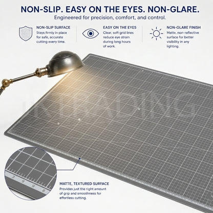 Matte frosted surface cutting mat illuminated by a desk lamp to demonstrate its low-reflection, non-glare, non-slip textured finish.