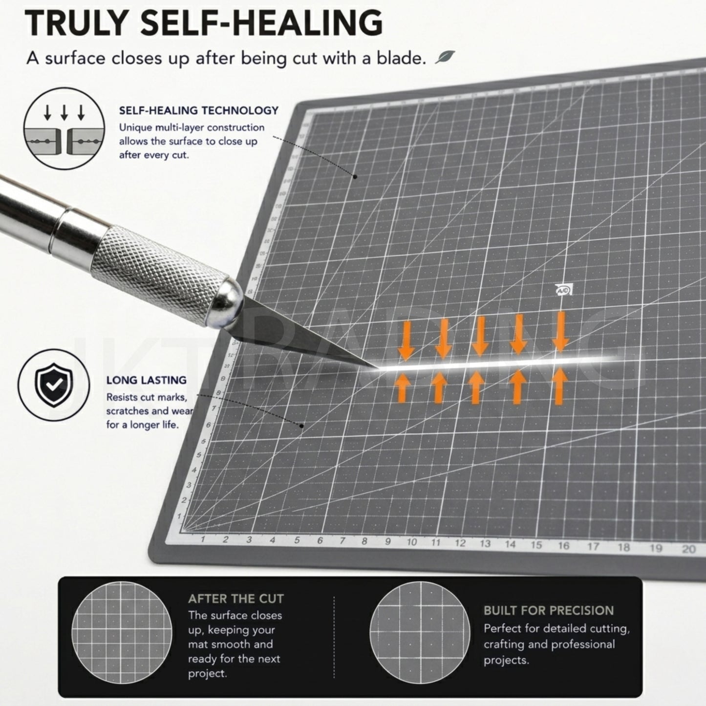 Ultra close-up view of a precision hobby knife scoring a line to illustrate the structural molecular self-healing process.