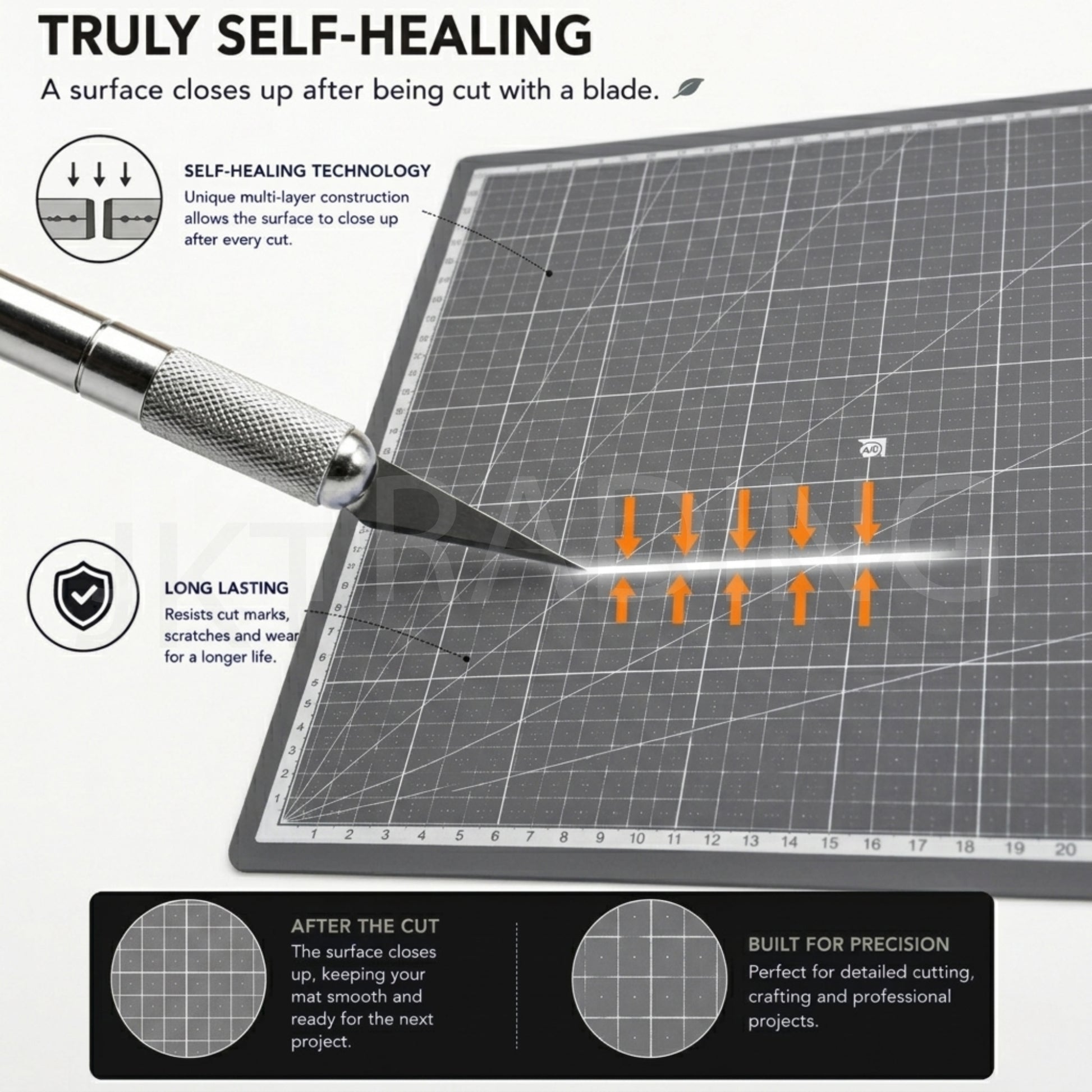 Ultra close-up view of a precision hobby knife scoring a line to illustrate the structural molecular self-healing process.