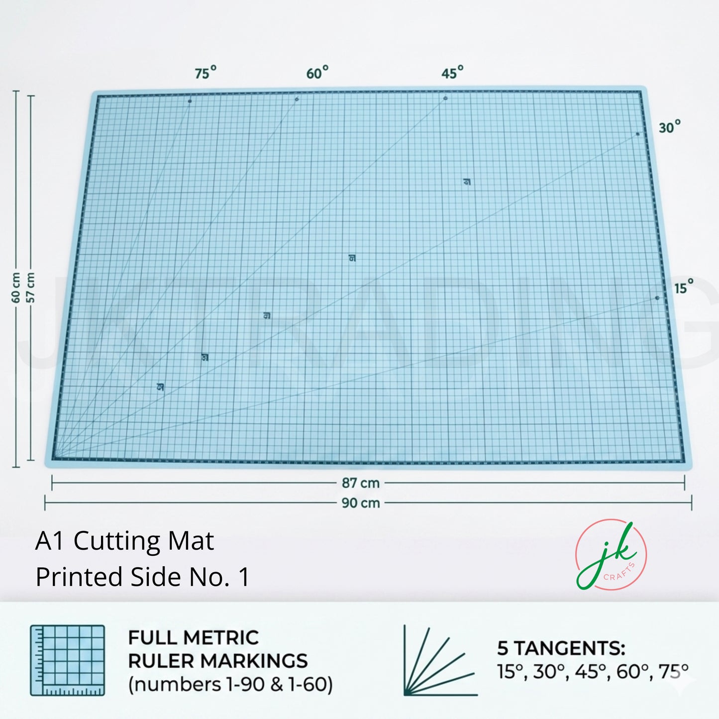Large A1 double-sided self-healing cutting mat displaying the pastel sky blue side with precise white metric grid lines.