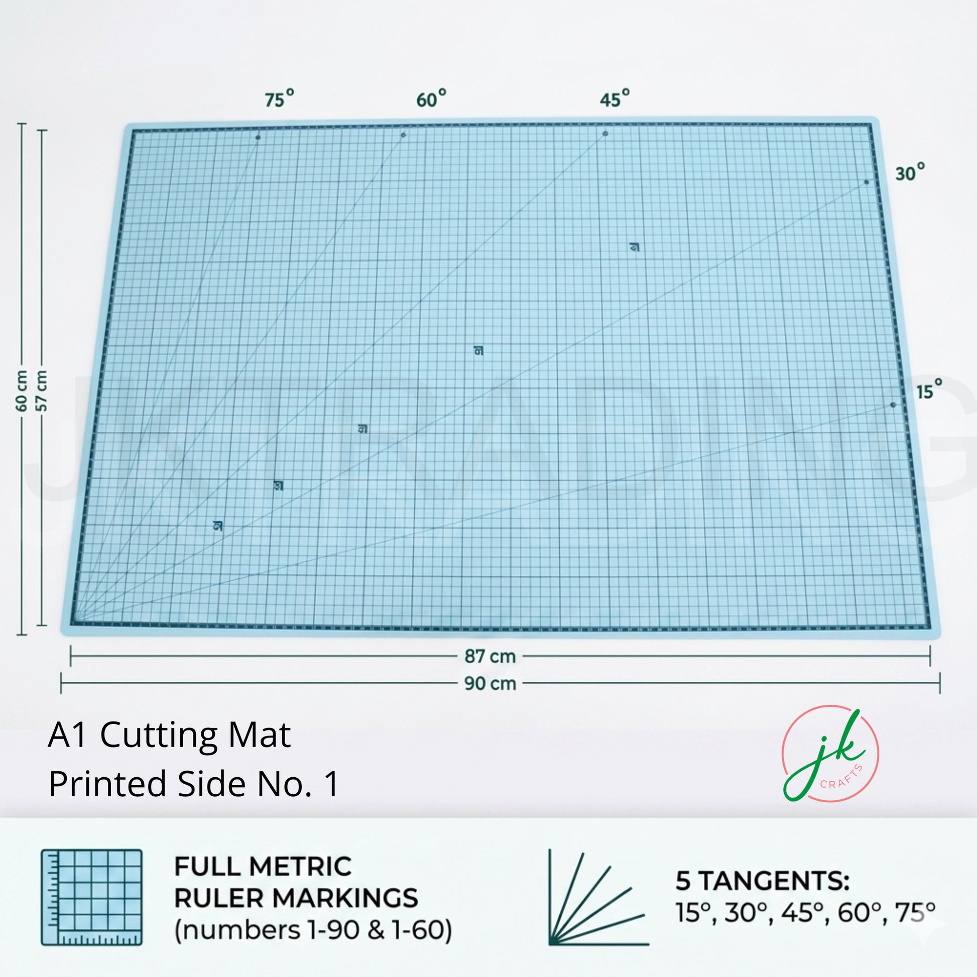 Large A1 double-sided self-healing cutting mat displaying the pastel sky blue side with precise white metric grid lines.