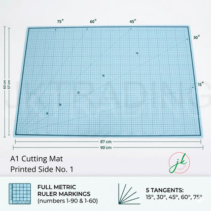 Large A1 double-sided self-healing cutting mat displaying the pastel sky blue side with precise white metric grid lines.