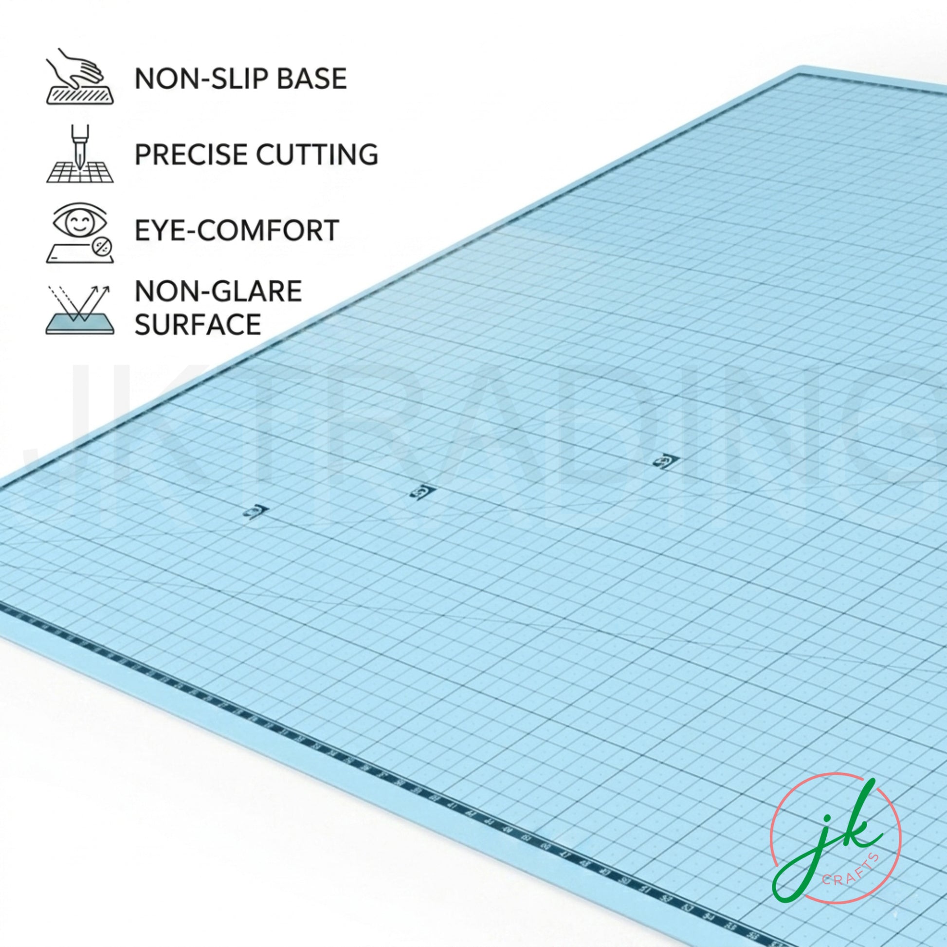 Wide-angle view of the pastel blue A1 workbench protector showing cross-diagonal bias lines and angle markings.