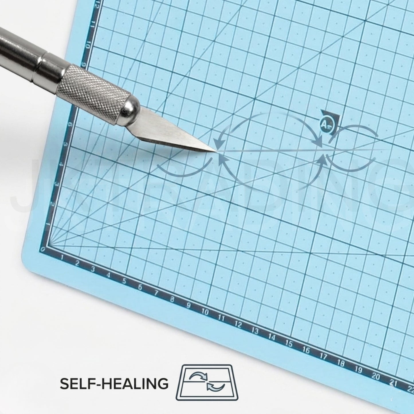 Precision craft knife cutting curved lines into the pastel blue mat to demonstrate its automatic self-healing surface recovery.