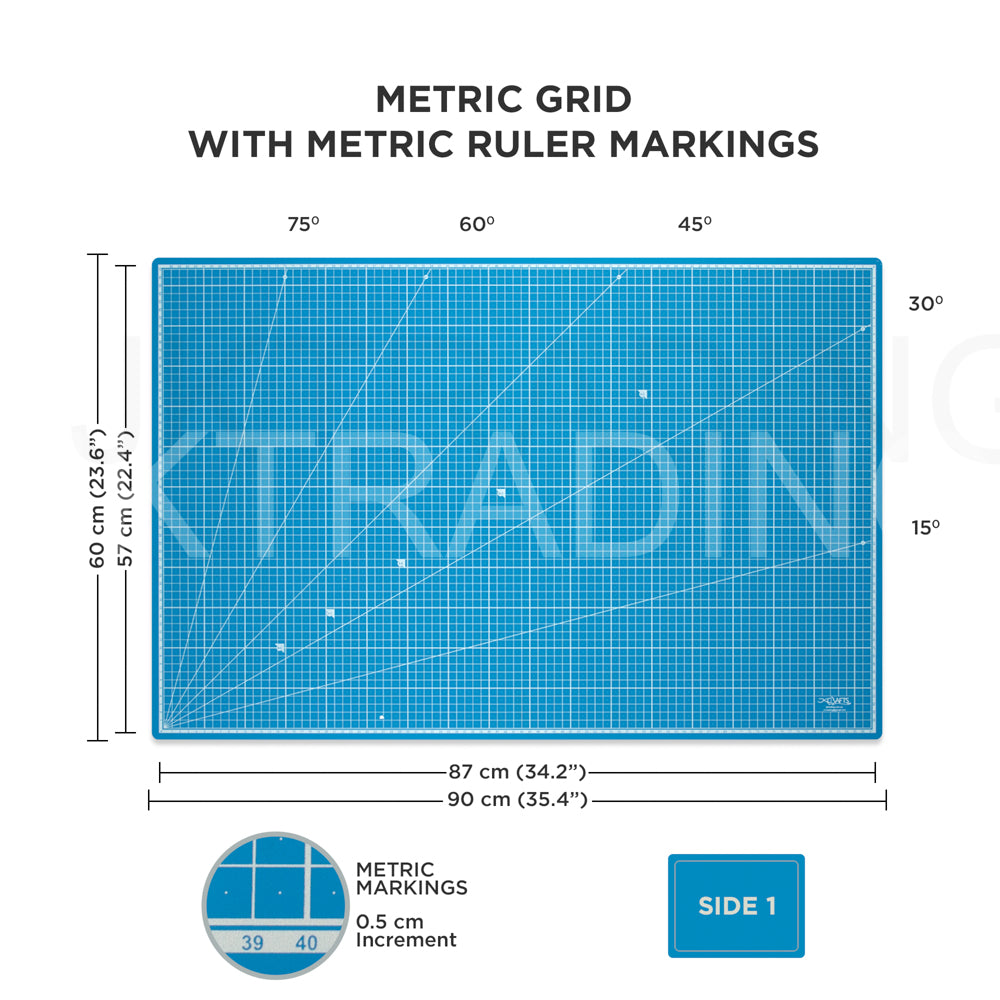 Blue A1 PVC cutting mat showing detailed metric grid lines, ruler markings, and measurements for precision fabric and paper cutting.