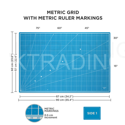 Blue A1 PVC cutting mat showing detailed metric grid lines, ruler markings, and measurements for precision fabric and paper cutting.