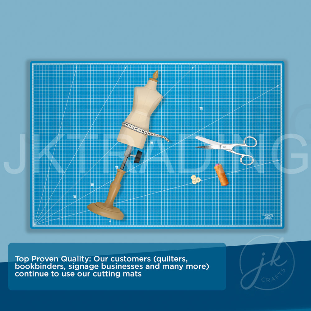 A1 self-healing cutting mat styled in a sewing studio workspace alongside a mini mannequin dress form and garment design tools.