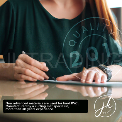 Lifestyle image of a crafter using a rotary cutter on a premium, heavy-duty self-healing cutting mat for smooth non-slip desktop protection.