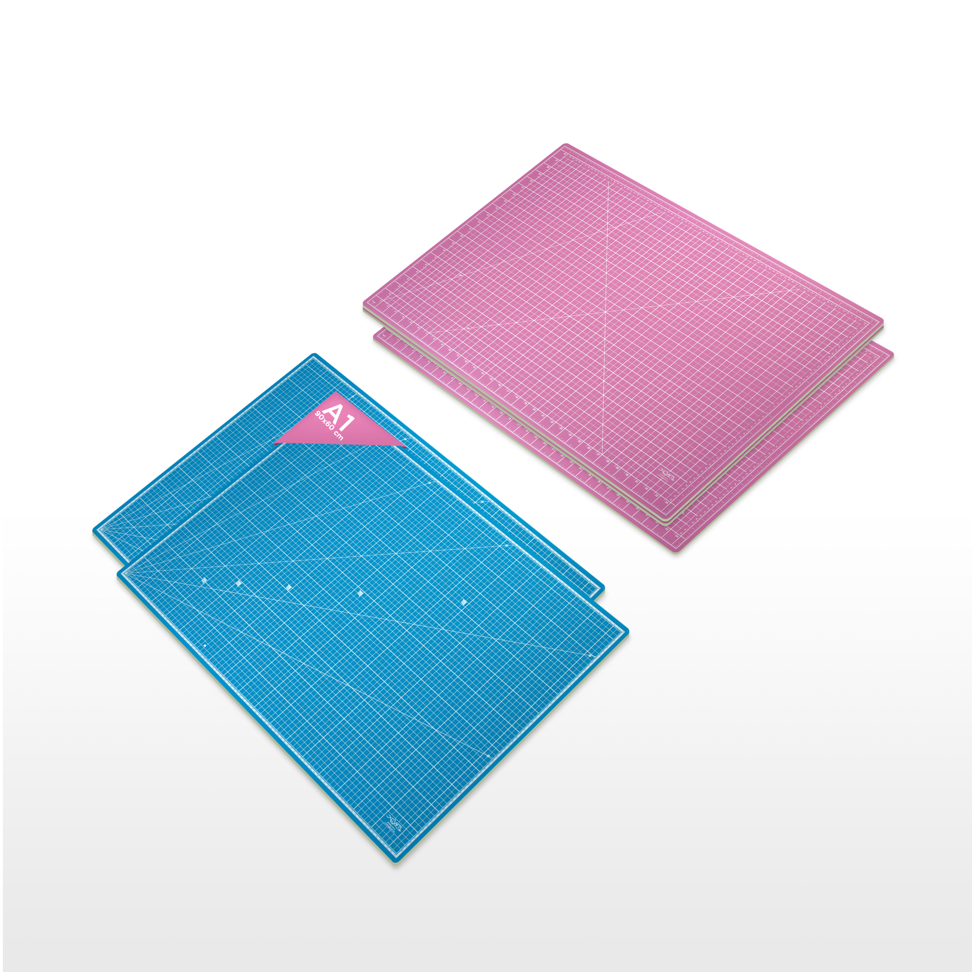 A1 size double-sided self-healing PVC cutting mats in vibrant blue and pink colors for crafts, quilting, and sewing projects.