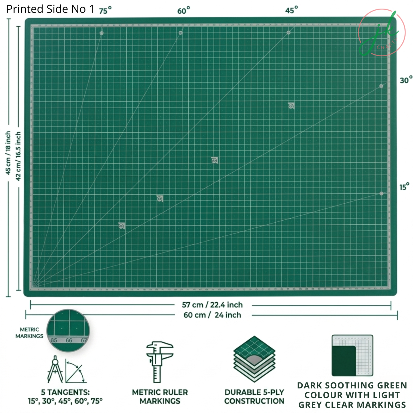 A2 Green cutting mat with grid lines and measurements, featuring text and icons indicating features.