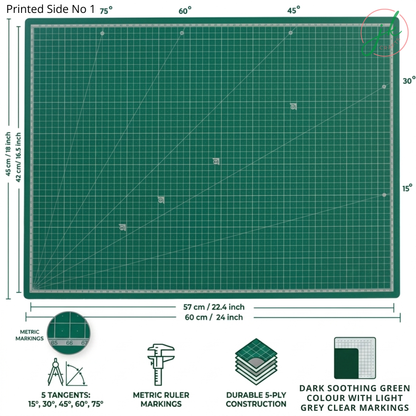 A2 Green cutting mat with grid lines and measurements, featuring text and icons indicating features.