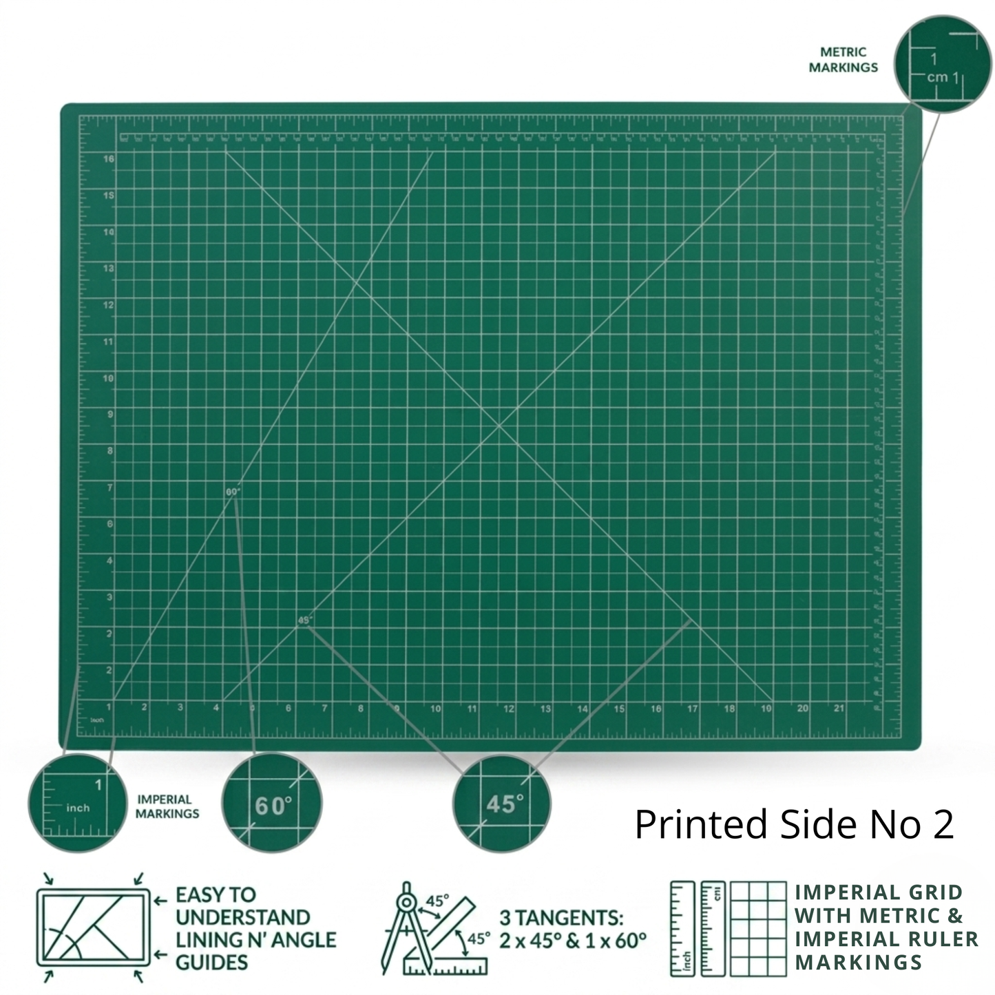 A2 Green cutting mat with grid lines and measurement markings on a white background