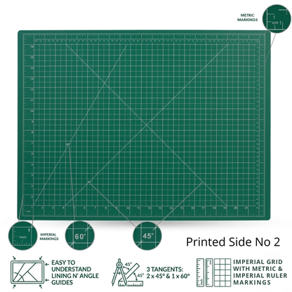 A2 Green cutting mat with grid lines and measurement markings on a white background