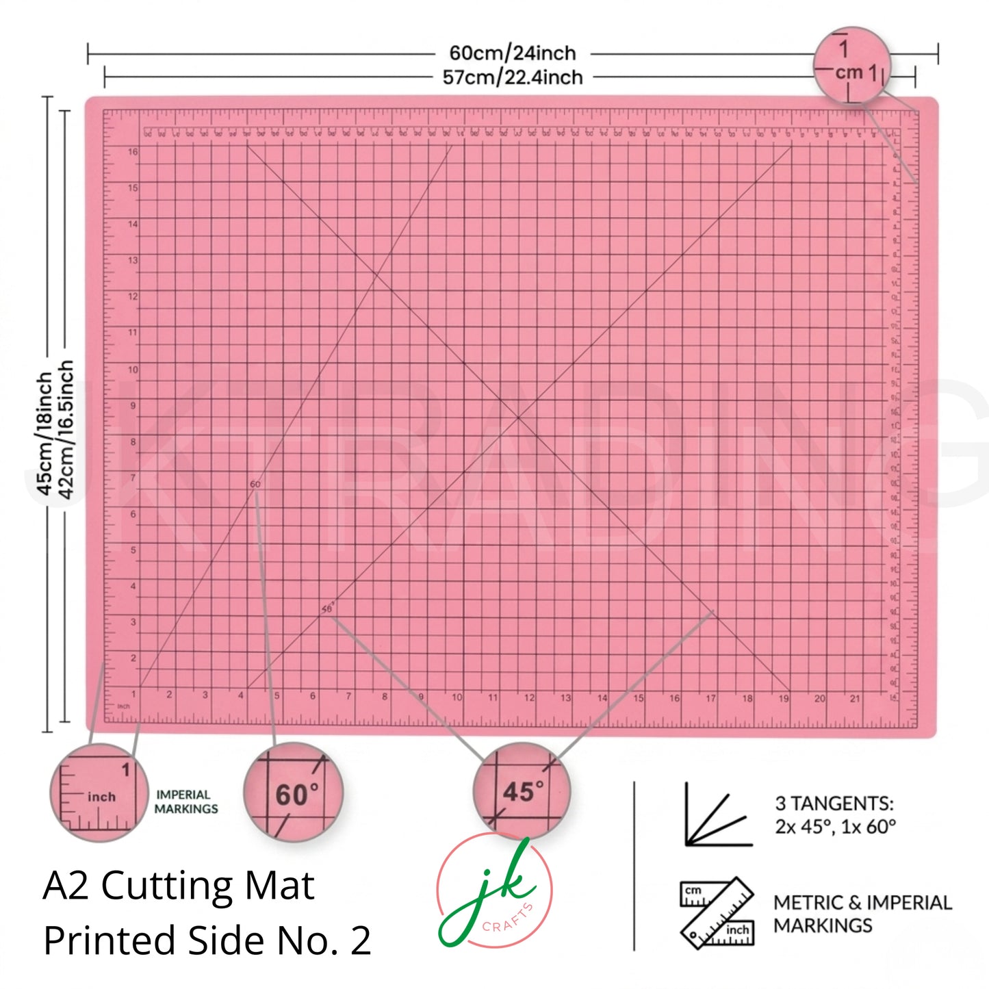 Intermediate A2 pastel pink cutting board overview showing a 5-ply build and imperial border grids.