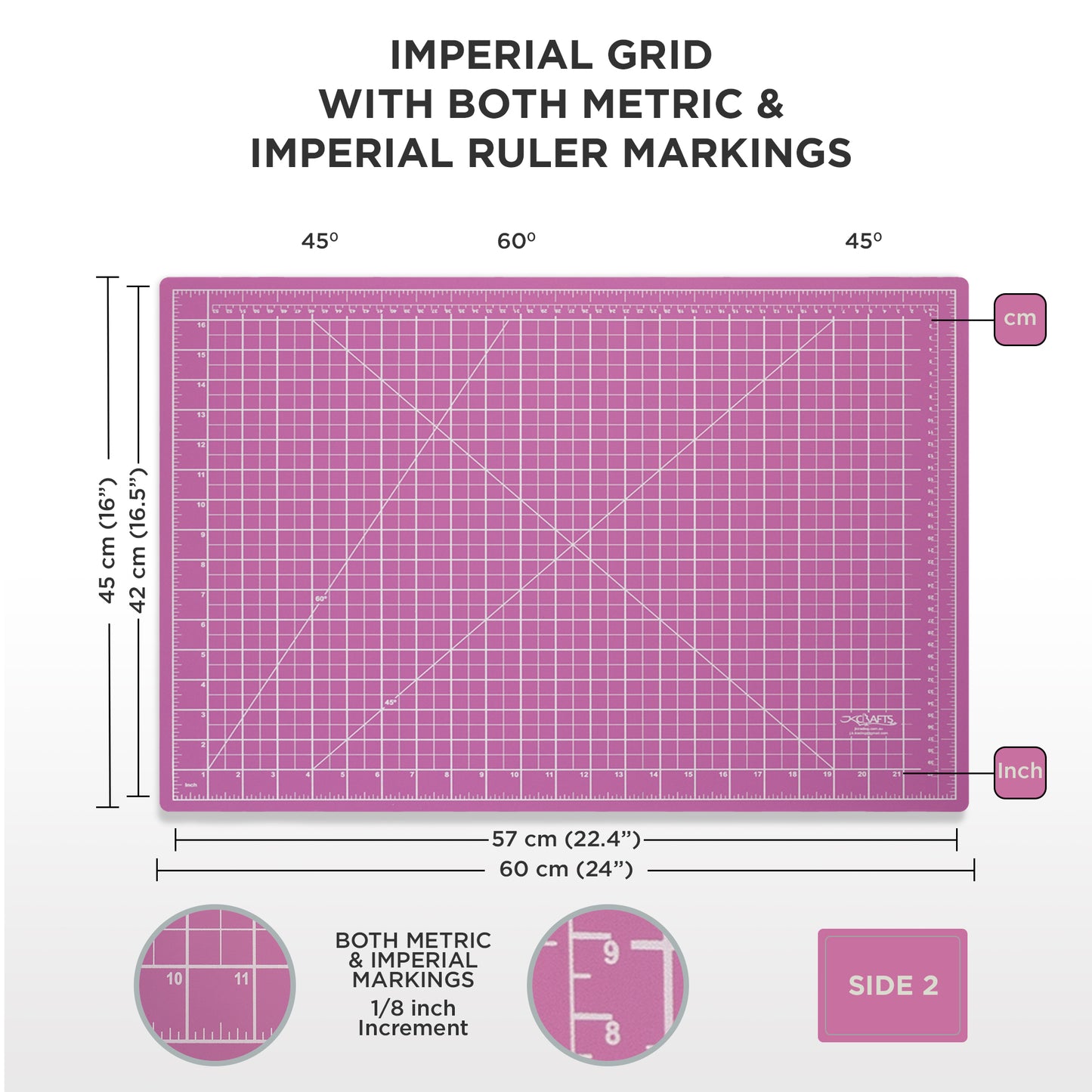 pink cutting mat with grid and ruler markings for imperial and metric measurements