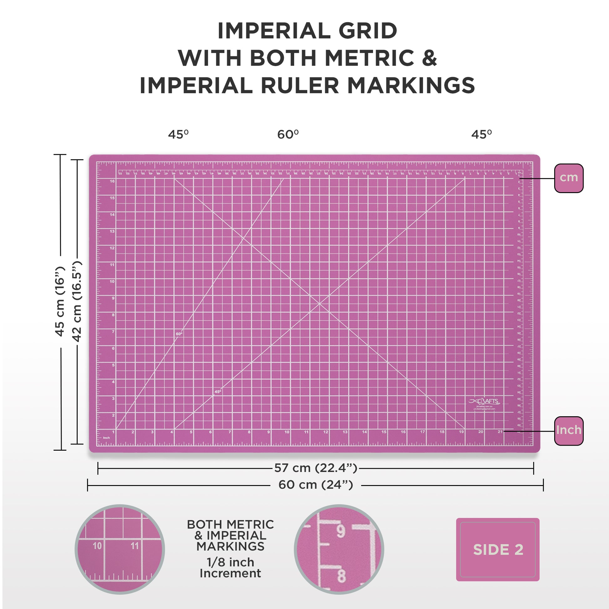 pink cutting mat with grid and ruler markings for imperial and metric measurements